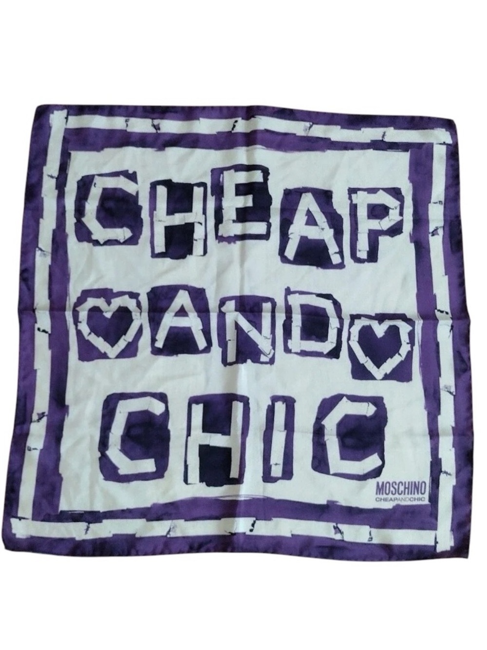 Moschino Vintage Rare 100% Silk ‘Cheap and Chic' Heart Scarf, Purple & White NWT